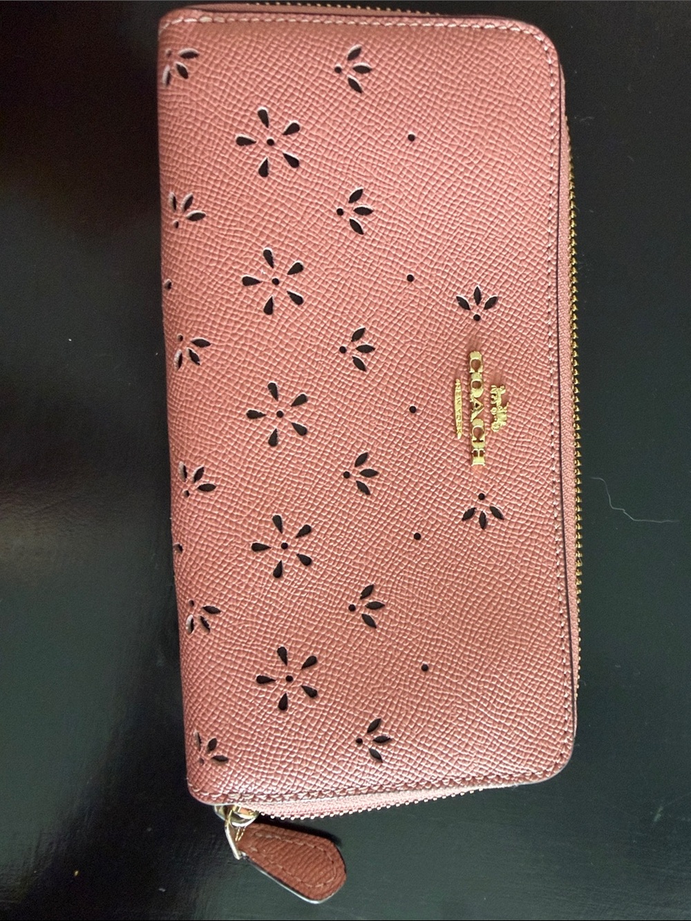 Coach Floral Perforated Zip Wallet in Dusty Rose Pink